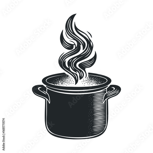 Cooking pot steaming with flavorful contents in kitchen setting. Vector illustration