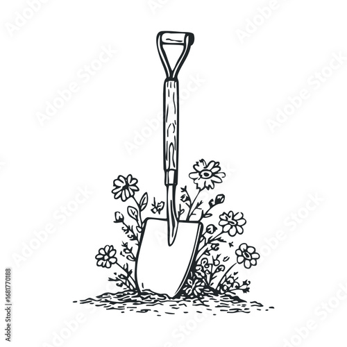 Gardening tools with flowers in a natural setting for outdoor decor. Vector illustration