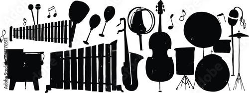 Musical Instrument Silhouettes with Notes – Percussion, Strings, and Wind Ensemble Icon