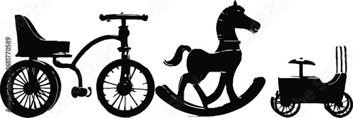 Children’s Ride-On Toy Silhouettes – Tricycle, Bicycle, Rocking Horse, and Toy Car