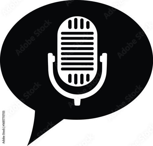 Speech Bubble with Vintage Microphone – Podcast, Voice, and Media Communication Symbol