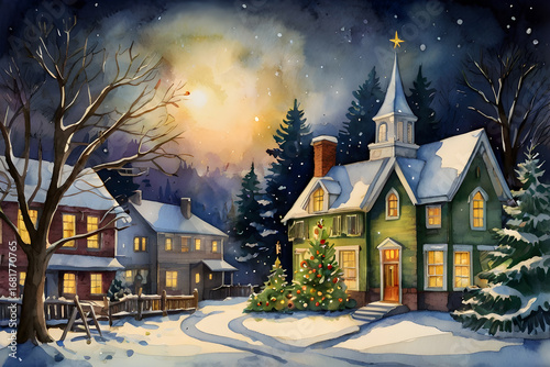 Watercolor painting Christmas and new year postcard with illuminated village, cozy houses, decorated christmas trees, festive, magic new year background, design template, greeting card, copy space.
