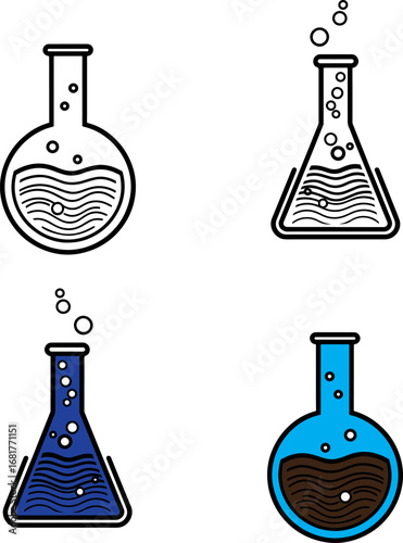 Set of four chemistry laboratory flasks with liquid and bubbles on a white canvas vector