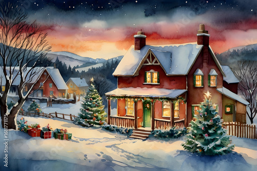 Watercolor painting Christmas and new year postcard with illuminated village, cozy houses, decorated christmas trees, festive, magic new year background, design template, greeting card, copy space.
