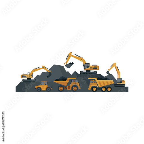 Heavy construction equipment working in a mine site loading coal into dump trucks