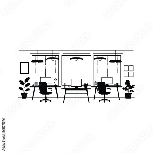 Modern open plan office design with desks chairs plants and computers minimalist sketch