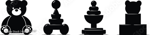 Children’s Toy Silhouette Icon Set Featuring Teddy Bear, Stacking Toys, and Play Figures in Black and White Minimalist Style