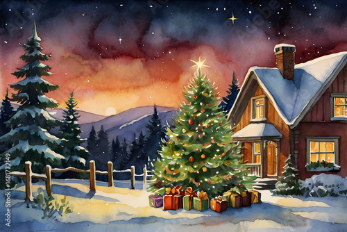 Watercolor painting Christmas and new year postcard with illuminated village, cozy houses, decorated christmas trees, festive, magic new year background, design template, greeting card, copy space.
