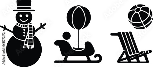 Winter and Summer Contrast Silhouette Icon Set Featuring Snowman, Sleigh, Beach Ball, and Chair in Black and White Style