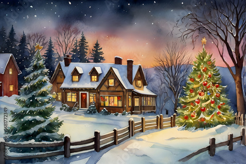 Watercolor painting Christmas and new year postcard with illuminated village, cozy houses, decorated christmas trees, festive, magic new year background, design template, greeting card, copy space.
