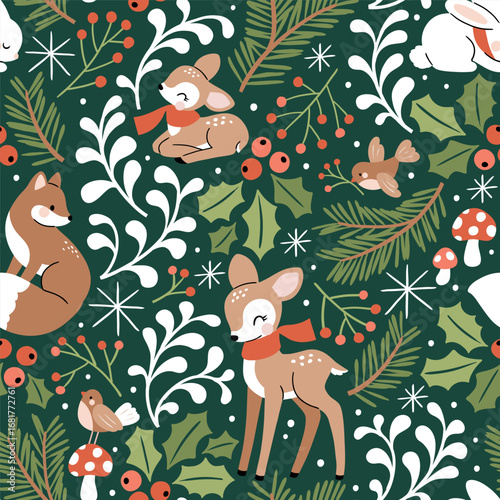 Seamless vector pattern with woodland animals. Hand drawn cute fox, deer, rabbit, fawn and bird with winter flora. Perfect for textile, wallpaper or nursery print design.