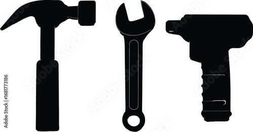 Tool Silhouette Icon Set – Hammer, Wrench, and Power Drill