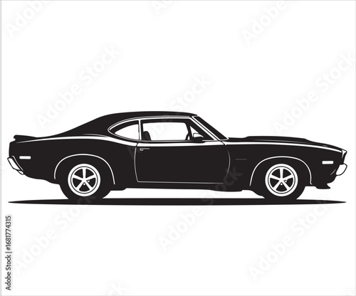Silhouette of classic muscle car side view isolated on white background symbolizing vintage automobile, retro design, transportation, speed, power, and automotive culture illustration concept