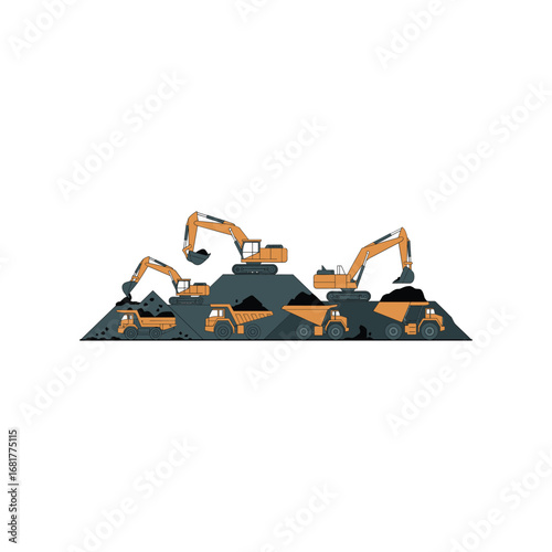 Industrial mining operation with excavators digging and transporting ore in a quarry landscape