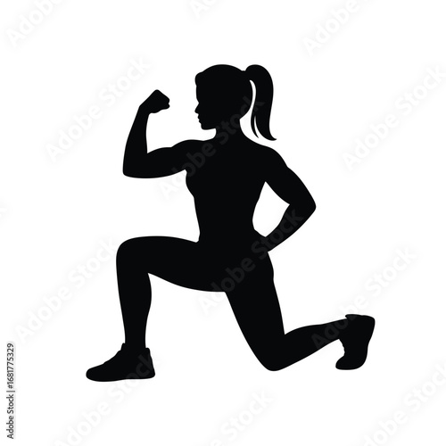 Silhouette of a strong woman performing a lunge exercise and flexing her bicep