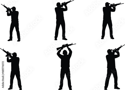 Black silhouette man holding rifle poses set, weapon stance, shooting position, hunting, military, firearm, defense, security, training, tactical, armed