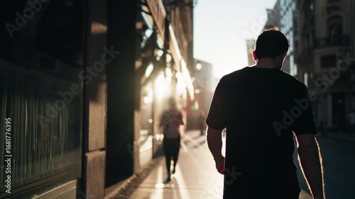 Back view of man walking in sunlight on urban street at sunrise. Concept of freedom, vitality, and active lifestyle balance in modern city life
