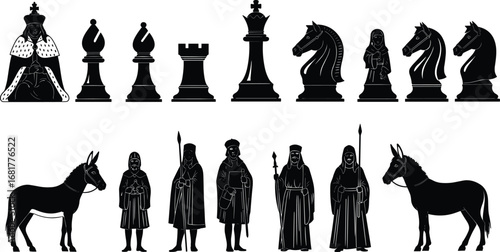 Black silhouette chess pieces and medieval characters set, fantasy theme, king, queen, knight, bishop, rook, pawn, donkey, warrior, monk