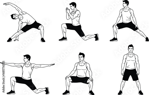 Black silhouette man stretching exercises set, fitness poses, flexibility training, workout routine, warm‑up, sport, health, gym, yoga, physical activity