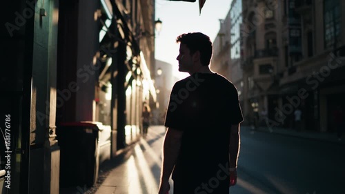 Man walking through shaded urban street at sunrise, captured in silhouette. Symbol of reflection, balance, and modern lifestyle in city atmosphere
