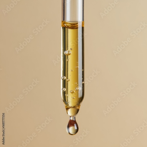 A dropper filled with yellow liquid is dripping against a beige background.