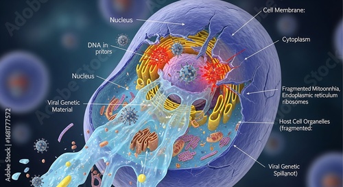 Scientific visualization of cellular infection, depicting a virus injecting genetic material for replication within the cytoplasm of a host cell