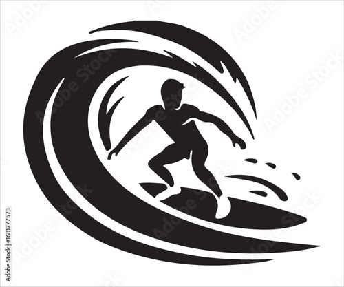 Silhouette of surfer riding a powerful ocean wave in dynamic action isolated on white background symbolizing adventure, sport, freedom, summer lifestyle, and extreme water sports concept