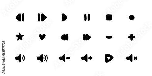 Doodle Music Media Player Icons Set. Hand Drawn Play, Pause, Stop, Volume, Equalizer Buttons. Minimalism style. Fun and simple outline design for music, video, audio apps, podcast interface, playlist