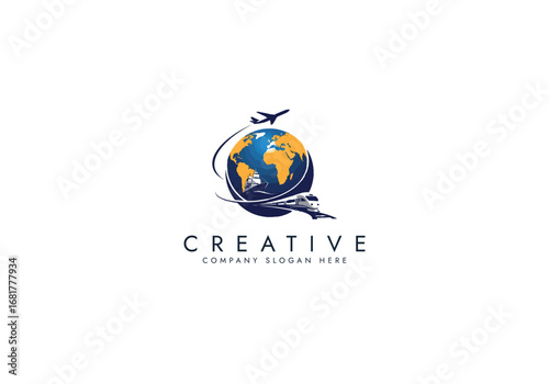 Travel Agency Logo with World Globe, Airplane,Ship,Suitcase,Global Transportation Logo vector design