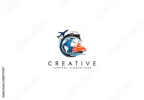 Travel Agency Logo with World Globe, Airplane,Ship,Suitcase,Global Transportation Logo vector design