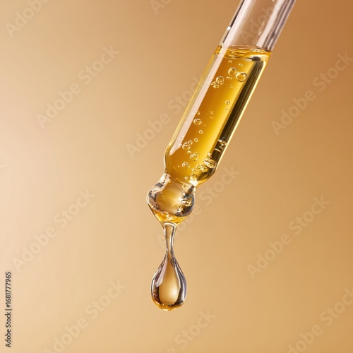 A dropper filled with yellow liquid is dripping against a beige background.