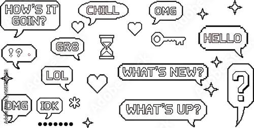 Pixel art chat bubbles illustration with text messages and icons