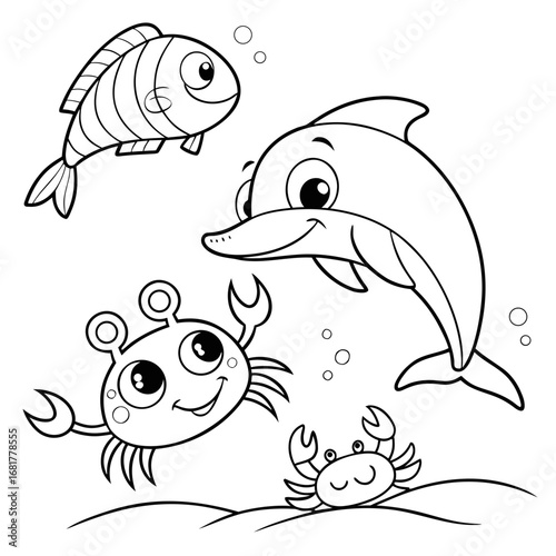 A group of ocean animals (fish, dolphin, crab) kawaii style coloring page