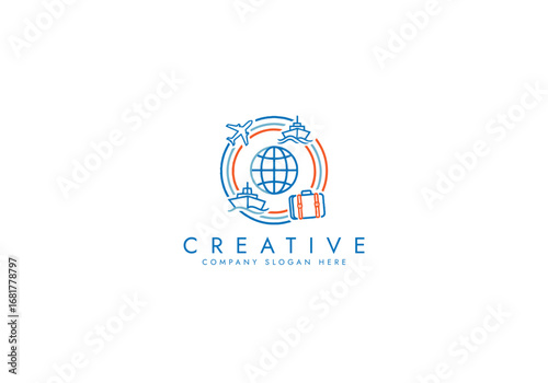 Travel Agency Logo with World Globe, Airplane,Ship,Suitcase,Global Transportation Logo vector design