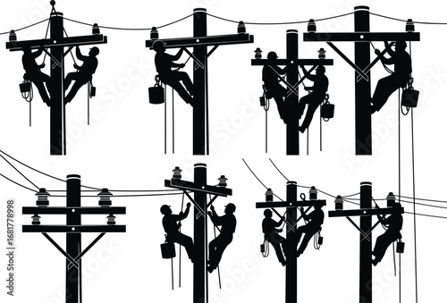 Electrical linemen silhouettes working on utility poles, safety gear, climbing spikes, power lines, crossarms, helmets, harnesses, teamwork, maintenance, infrastructure, tools