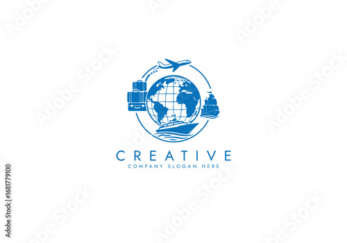 Travel Agency Logo with World Globe, Airplane,Ship,Suitcase,Global Transportation Logo vector design