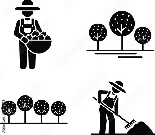 Farmer harvesting vegetables, orchard trees with fruits, agricultural worker raking soil, rural farming icons, black and white vector illustration, organic cultivation concept