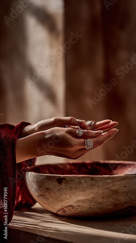 A close-up shot of hands, likely a woman's, showcasing gold rings with unique, textured designs. The rings feature intricate shapes, including hearts and abstract forms, with a rough, natural texture.