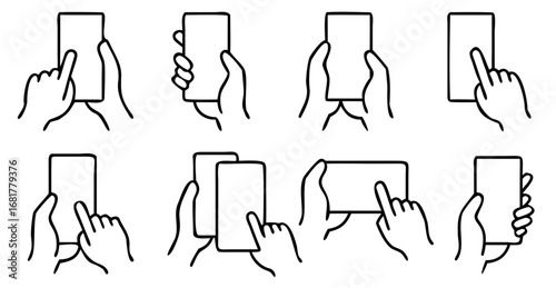 Hands holding Smartphone icon set. containing Finger touching Smartphone, a hand operating a smartphone, vector illustration