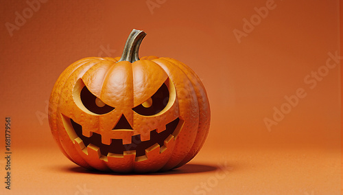 creepy carved halloween jack-o'-lantern with sinister smile against orange background