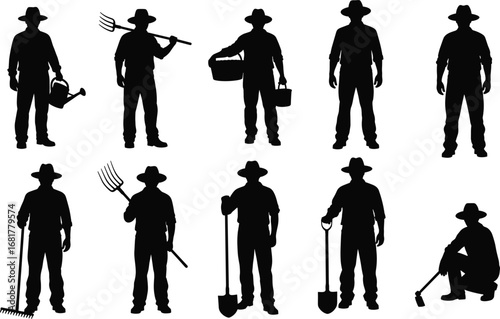 Farmers silhouette collection, agriculture workers with tools, rural labor poses, farming equipment vector set, black shadow illustrations, countryside lifestyle concept