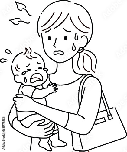 Illustration of stressed mother with crying baby postpartum depression