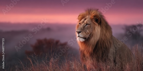 Majestic lion rests on grass at dawn with vibrant colors painting the sky at sunrise in a serene wildlife landscape