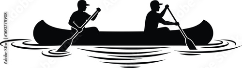 Silhouette canoeing adventure, two people paddling boat, outdoor water sport, teamwork in motion, black and white vector, lake activity illustration
