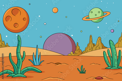 cartoon alien planet background with strange plant