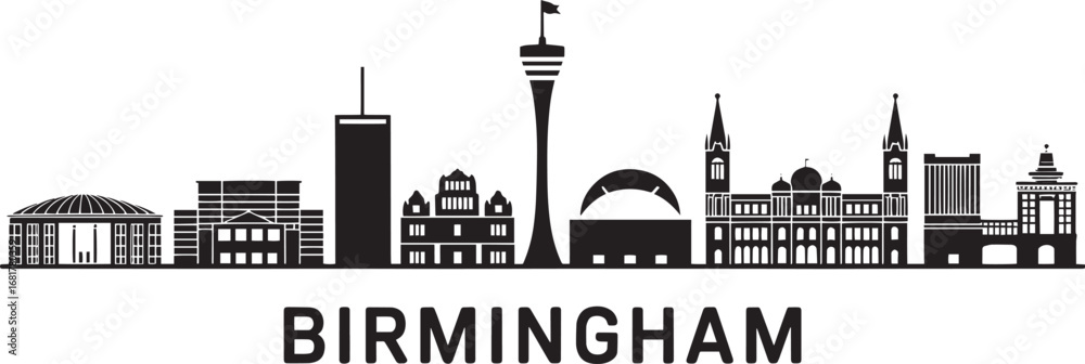Obraz premium Birmingham Skyline Silhouette Vector Illustration Depicting Cityscape with Landmark Buildings