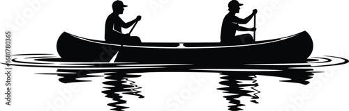 Silhouette of two people paddling canoe on rippling water, teamwork outdoor adventure, black and white vector illustration for nature, sport, recreation content