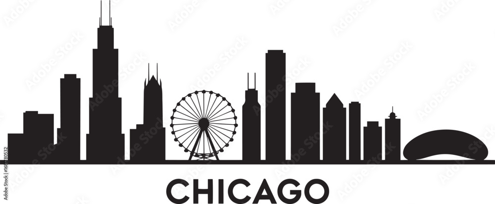 Obraz premium Chicago City Skyline Silhouette Vector Illustration with Modern Buildings and Ferris Wheel