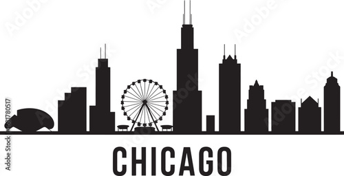 Chicago Cityscape Silhouette Vector Illustration with Famous Buildings and Landmarks