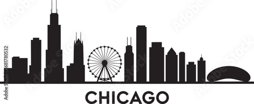 Chicago City Skyline Silhouette Vector Illustration with Modern Buildings and Ferris Wheel